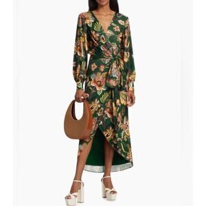 Ramy Brook Daisy Green Floral Faux Wrap Tulip Hem Midi Dress 2 $495